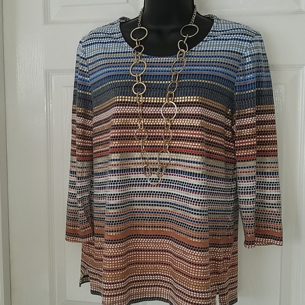 Chico's, 0145, multi-color tee, Denim, Rust and Gold, Size  S - Picture 3 of 6